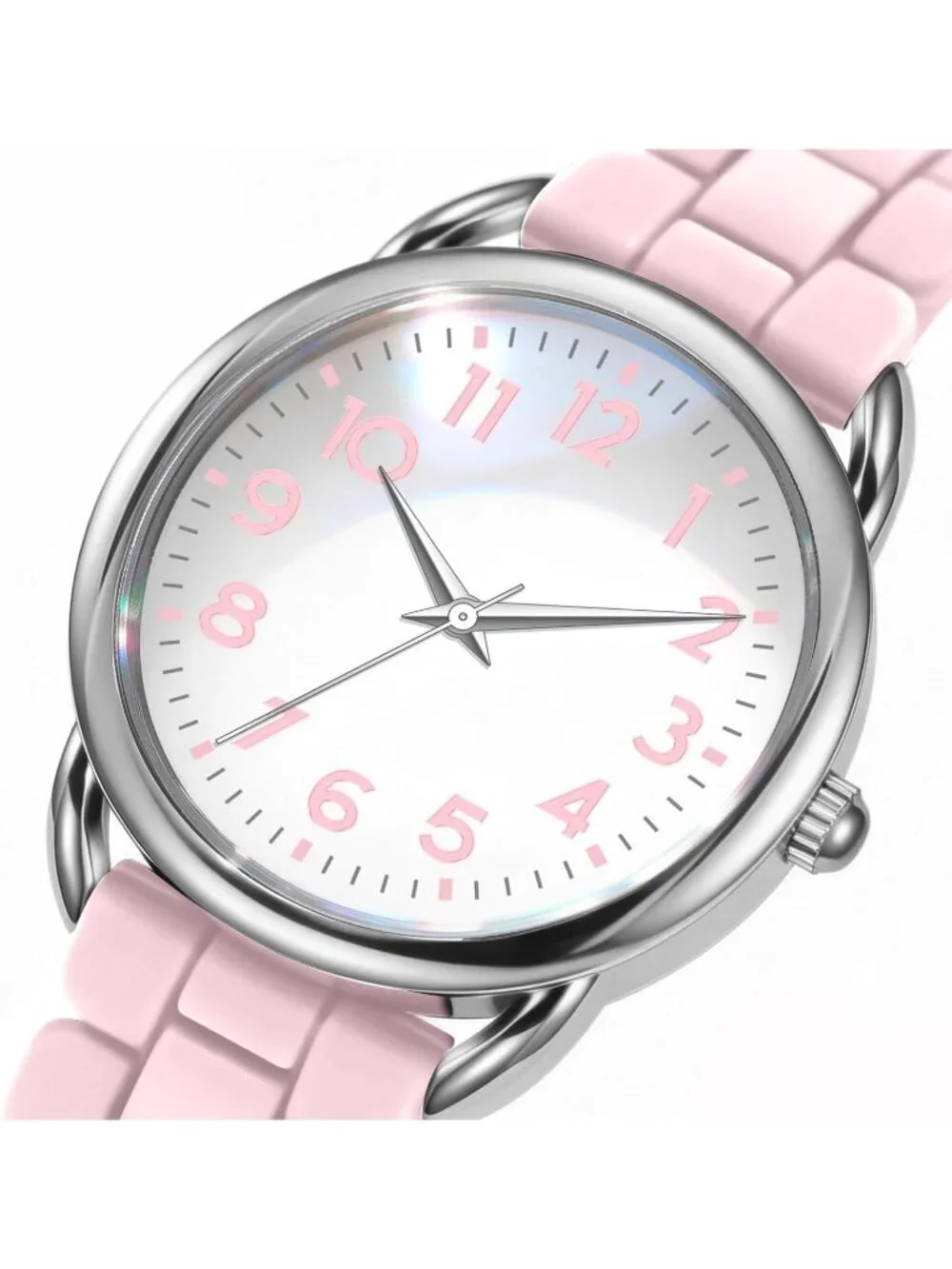 Women's Pink/White Big Face Easy Reader Silicone Strap Water Proof 35MM Watch